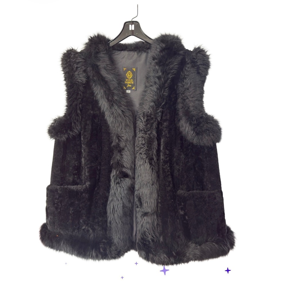 Polo Norte Furs Black Faux Fur Vest Open Front Sleeveless Jacket Women Large‎